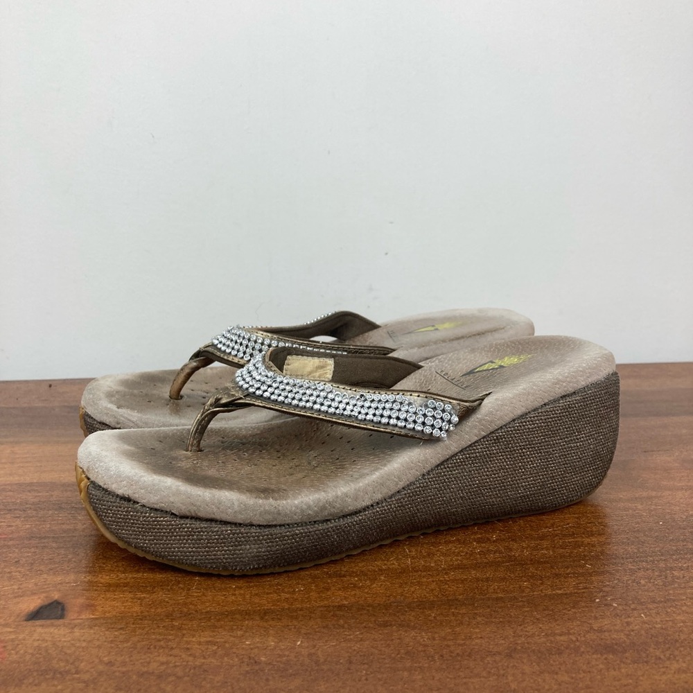Volatile Taupe Wedge Sandals with Crystal-Embellished Straps